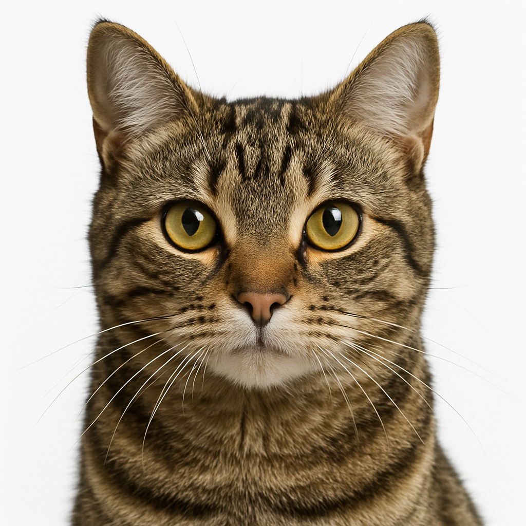 Golden-eyed brown tabby cat headshot