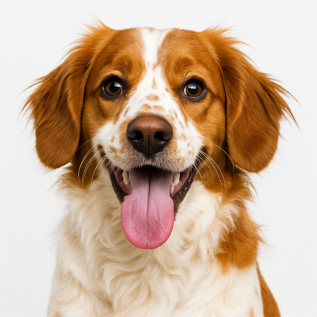 Brown-and-white spaniel headshot, tongue out